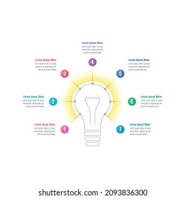 seven options business infographic template. idea, innovation, light bulb information template. internet, annual report, web infographic template