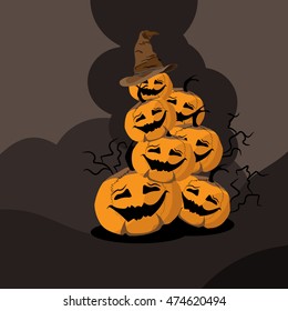 seven orange Halloween`s pumpkin stay in the pyramid on the brown background