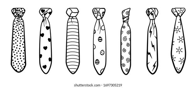 Siete corbatas de estilo de contorno con nudos y patrones diferentes configuran una ilustración aislada. Fondo blanco, vector.