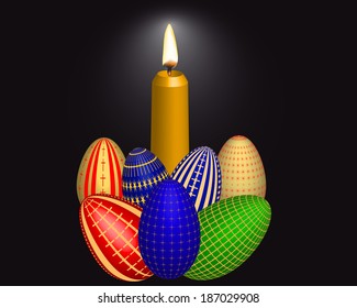 seven painted eggs and candle on black background