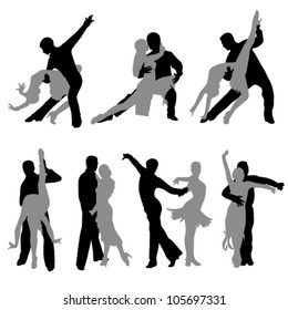 seven pairs of athletic dancers dancing on a white background