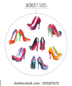 Seven pairs of womens shoes. Watercolor vector illustration