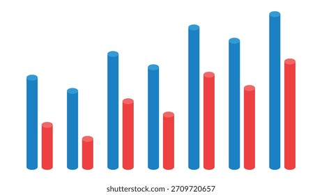 Siete pares de gráficos de barras cilíndricas de Zig Zag que representan informes semanales de infografía sobre ventas, ganancias y crecimiento del negocio