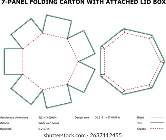Seven panel folding carton with attached lid box diagram template