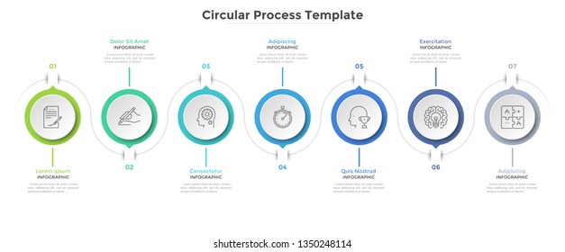 Seven paper white circular elements arranged in horizontal. Concept of 7 steps project progress and development. Clean infographic design template. Stylish vector illustration for progress bar.