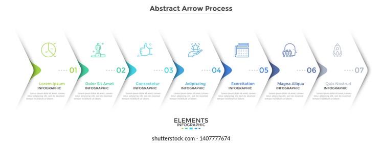 Seven paper white overlapping arrows placed in horizontal row. Concept of 7 successive steps of progressive business development. Simple infographic design template. Abstract vector illustration.