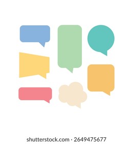 Seven pastel speech bubbles, various shapes, arranged randomly on a white background, flat design, soft light, cheerful mood, simple illustration.