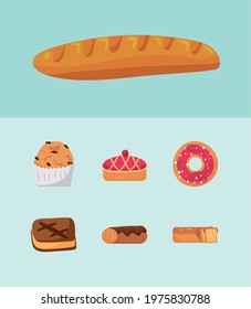 seven pastry bakery set icons