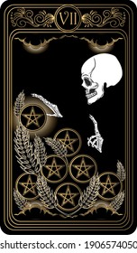 Seven of pentacles. Card of Minor arcana black and gold tarot cards. Tarot deck. Vector hand drawn illustration with skull, occult, mystical and esoteric symbols.