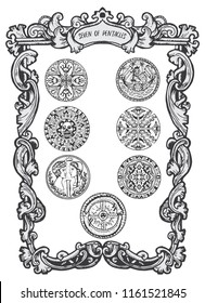 Seven of pentacles. Minor Arcana tarot card. The Magic Gate deck. Fantasy engraved vector illustration with occult mysterious symbols and esoteric concept