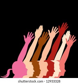 Seven people in profile with hands raised.  With space for text