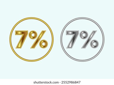 Seven percent icon, 7 percent sign symbol in gold and silver color