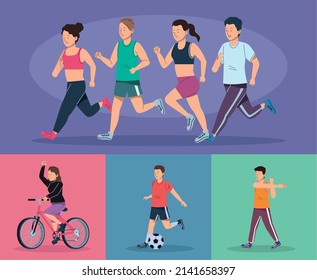 seven persons practicing sports characters