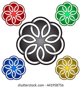 Seven petals flower logo template in Celtic style. Tribal tattoo symbol. Silver stamp for jewelry design and samples of red, green, blue and golden colors.