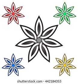 Seven petals flower logo template in Celtic style. Tribal tattoo symbol. Silver stamp for jewelry design and samples of red, green, blue and golden colors.