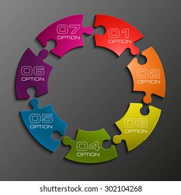 Seven piece flat puzzle round infographic presentation. 7 step circle business diagram. Seven section compare service banner. Vector illustration template shape . 3d Abstract Background