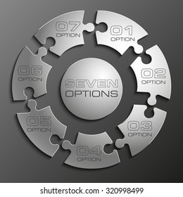 Seven piece flat puzzle round infographic presentation. 7 step circle business diagram. Seven section compare service banner. Vector illustration template shape . 3d Abstract Background