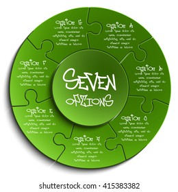 Seven piece flat puzzle round infographic presentation. 7 step circle business diagram. Seven section compare service banner. Vector illustration template shape . 3d Abstract Background