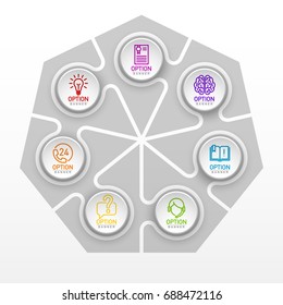 Seven piece flat puzzle round infographic presentation. 7 step circle business diagram. Seven section compare service banner. Vector illustration template shape . 3d Abstract Background