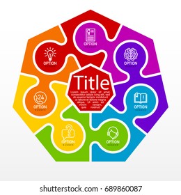 Seven piece flat puzzle round infographic presentation. 7 step circle business diagram. Seven section compare service banner. Vector illustration template shape . 3d Abstract Background