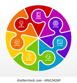 Seven piece flat puzzle round infographic presentation. 7 step circle business diagram. 