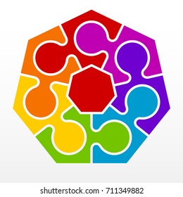 Seven piece flat puzzle round infographic presentation. 7 step circle business diagram. Seven section compare service banner. Vector illustration template shape . 3d Abstract Background