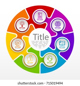 Seven piece flat puzzle round infographic presentation. 7 step circle business diagram. Seven section compare service banner. Vector illustration template shape . 3d Abstract Background