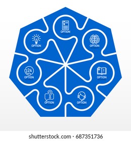 Seven piece flat round puzzle infographic presentation. 7 step circle business diagram. Seven section compare service banner. Vector illustration template shape . Abstract Background