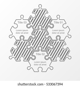 Seven piece puzzle business presentation. Circle infograph. 7 step process diagram. Six section compare banner.
