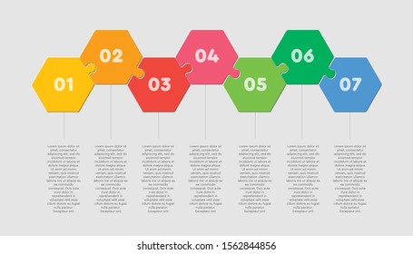 Seven pieces puzzle hexagonal diagram. Hexagon business presentation infographic. 7 steps, parts, pieces of process diagram. Section compare banner. Jigsaw puzzle info graphic. Marketing strategy.