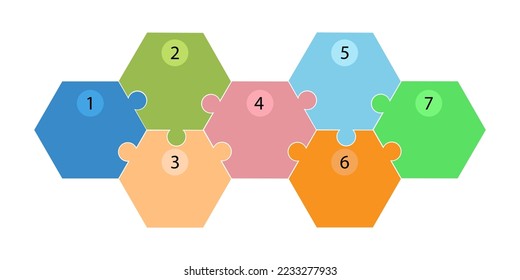 Seven pieces puzzle hexagonal diagram. Hexagon business presentation infographic. 7 steps, parts, pieces of process diagram. Section compare banner. Jigsaw puzzle info graphic. Marketing strategy.