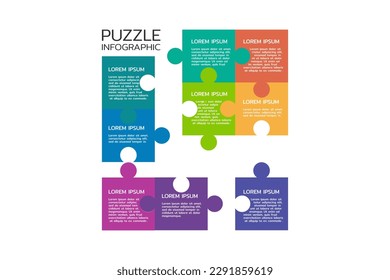 Seven pieces puzzle squares diagram. Squares business presentation infographic. 9 steps, parts, pieces of process diagram. Section compare banner. Jigsaw puzzle info graphic. Marketing strategy.