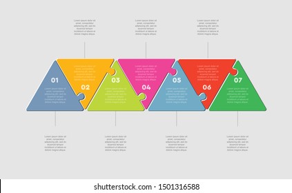Seven pieces puzzle triangles process. Triangle line business presentation infographic. 7 steps, parts, pieces of process diagram. Section compare banner. Jigsaw puzzle infographic. Marketing strategy