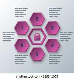 Seven pink hexagons with a lock in the middle.