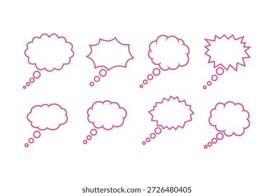 Seven pink silhouette speech bubbles with different shapes and sizes on a white background