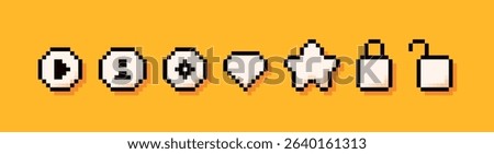Seven pixel art icons. Play information target star lock and diamond.