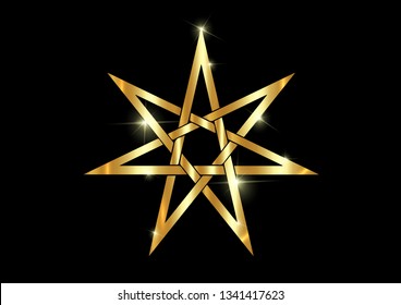 Seven point star or septagram, known as heptagram. Gold Elven or Fairy Star, magical or wiccan witchcraft heptagram symbol. Golden Heptagon mystic sign. Witches runes, wicca divination symbols