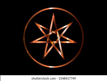 Seven point star or septagram, known as heptagram. Metal round bronze Elven or Fairy Star, magical or wiccan witchcraft heptagram symbol. Heptagon mystic sign. Witches runes, wicca divination symbols