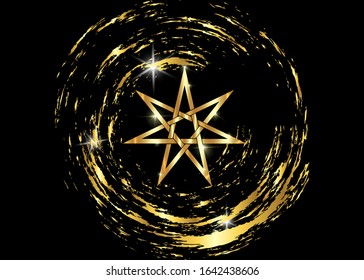 Seven point star or septagram, known as heptagram. Gold Elven or Fairy Star, magical or wiccan witchcraft heptagram symbol. Golden Heptagon mystic sign. Witches runes, wicca divination symbols