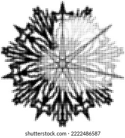 Seven pointed dotted halftone mandala with lightened right upper part, with radial rays. Contour of dots, polka dots, blots, spots, slicks, strokes. Space for copy text. Vector.