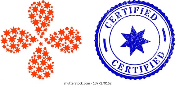Seven pointed star curl spin, and blue round CERTIFIED rubber badge with icon inside. Object curl combined from oriented seven pointed star items. Vector flower collage in flat style.