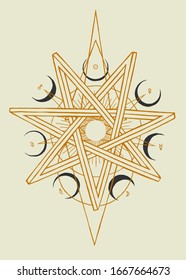 Seven pointed star heptagram with moons and planets symbols occult illustration.