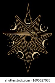 Seven pointed star with moons and geometric shapes occult t-shirt print vector illustration.