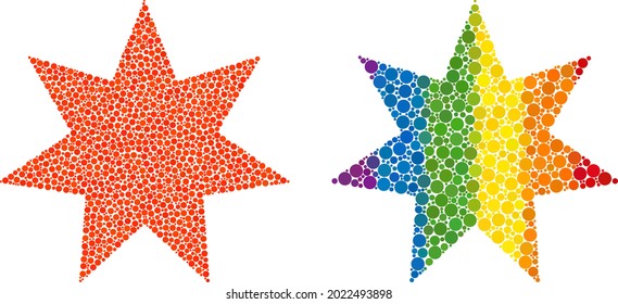 Seven pointed star mosaic icon of spheric dots in different sizes and rainbow colored color tinges. A dotted LGBT-colored seven pointed star for lesbians, gays, bisexuals, and transgenders.