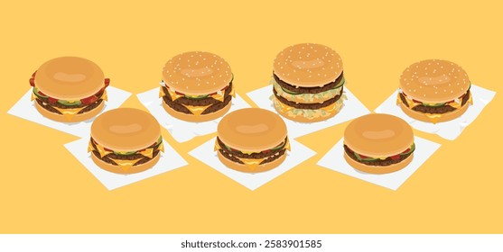 Siete hamburguesas populares de comida rápida con hamburguesas redondas en perspectiva isométrica - fácil de reorganizar y editar