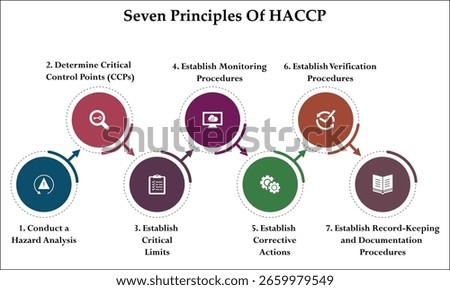 Seven Principles Of HACCP model. Infographic template with icons and description placeholder