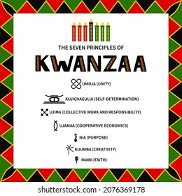 The Seven Principles of Kwanzaa sign. African American Holidays. Vector template for typography poster, banner, greeting card, postcard, sticker, flyer, etc.