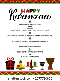 The Seven Principles of Kwanzaa sign. African American Holidays. Vector template for typography poster, banner, greeting card, postcard, flyer, etc.