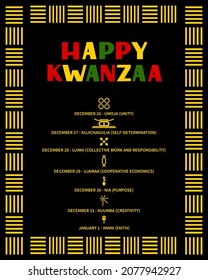 The Seven Principles of Kwanzaa sign. African American Holidays. Vector template for typography poster, banner, flyer, greeting card, postcard, etc.