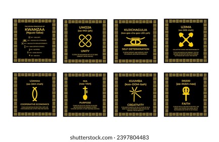 The Seven Principles of Kwanzaa signs. African American Christmas. 7 days of Kwanzaa set. Vector template for typography poster, banner, greeting card, postcard, flyer, etc.